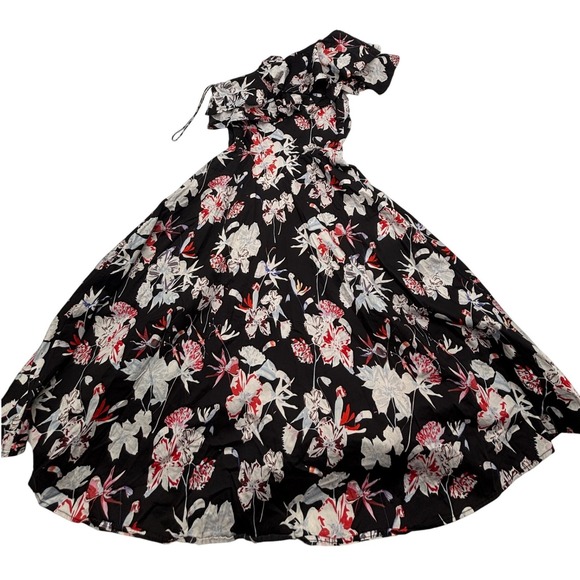 Jason Wu Collection Floral One Shoulder Ruffle Dress Black White Red Size 2 - Picture 5 of 8